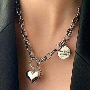 Sterling Silver Heart Chain Link Charm Pendant Toggle Necklace